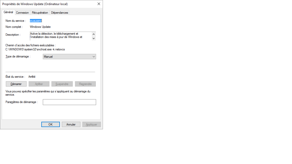 Propriétés de Windows Update Windows 10
